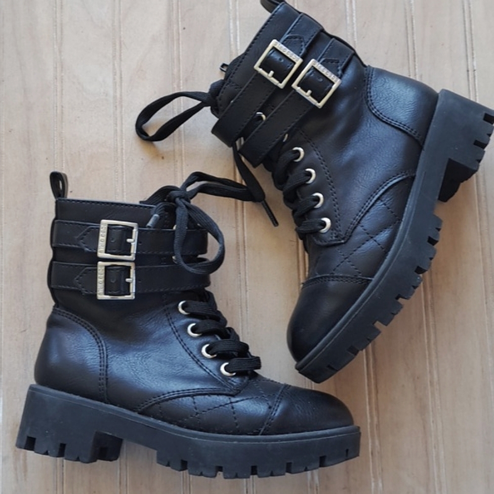 BCBG Girl Adrianna Combat Double Buckle Lace Side Zip Chunky Ankle Boots